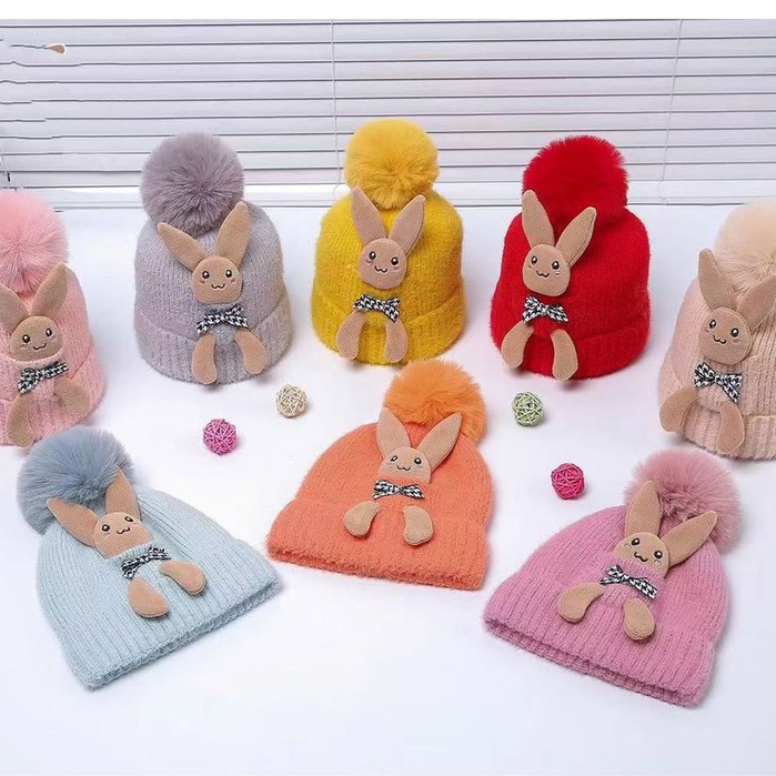 Mũ beanie, nón len cho bé hình thỏ có quả bông cực yêu, siêu ấm áp