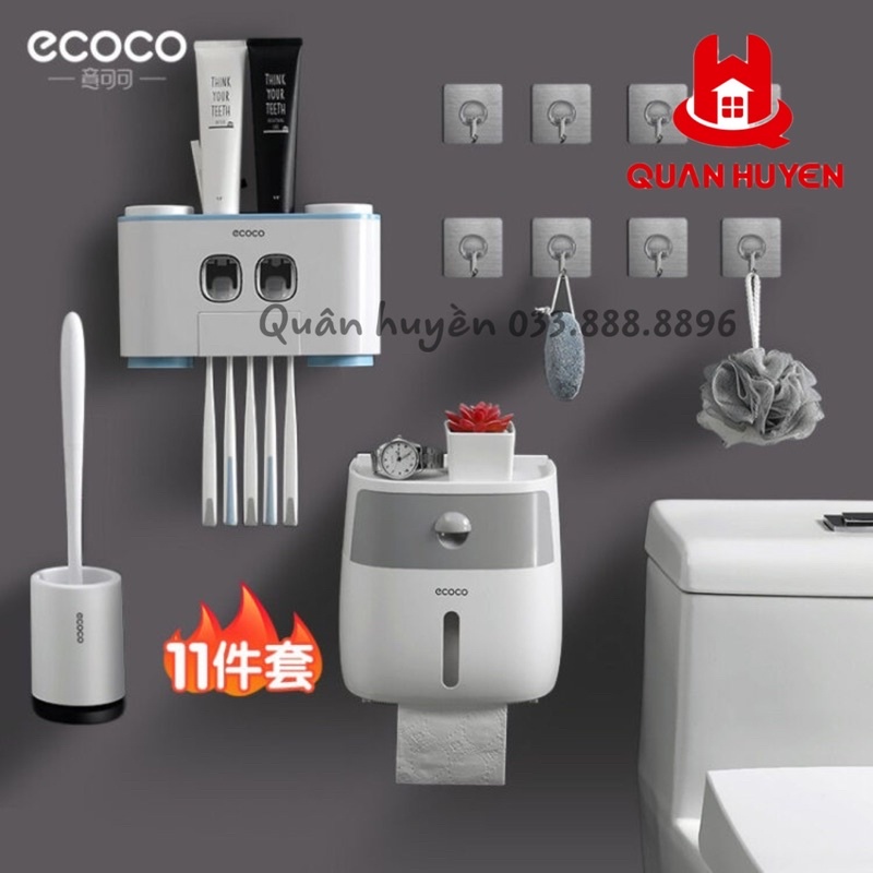 Bộ 3 chi tiết Ecoco | Kệ nhả kem 4 cốc, Cọ toilet silicon, Hộp giấy vệ sinh 2in1 không khoan tường mẫu mới