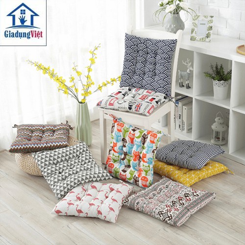 Đệm Vuông Ngồi Bệt, Nệm lót ghế họa tiết loại 42cm x 42cm x 7cm có dây buộc