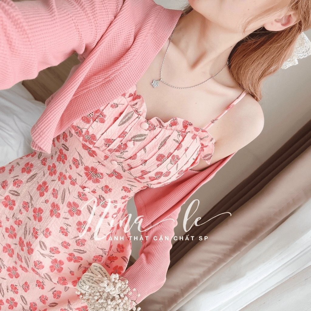 SÉT ĐẦM LỤA HOA PHỐI ÁO KHOÁC GÂN DÁNG LỬNG CỰC XINH