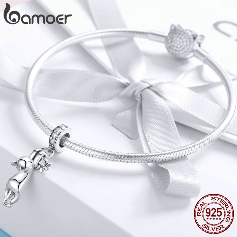 Hạt phụ kiện Bamoer scc930 thiết kế hình chú mèo và chân mèo làm đồ trang sức đáng yêu