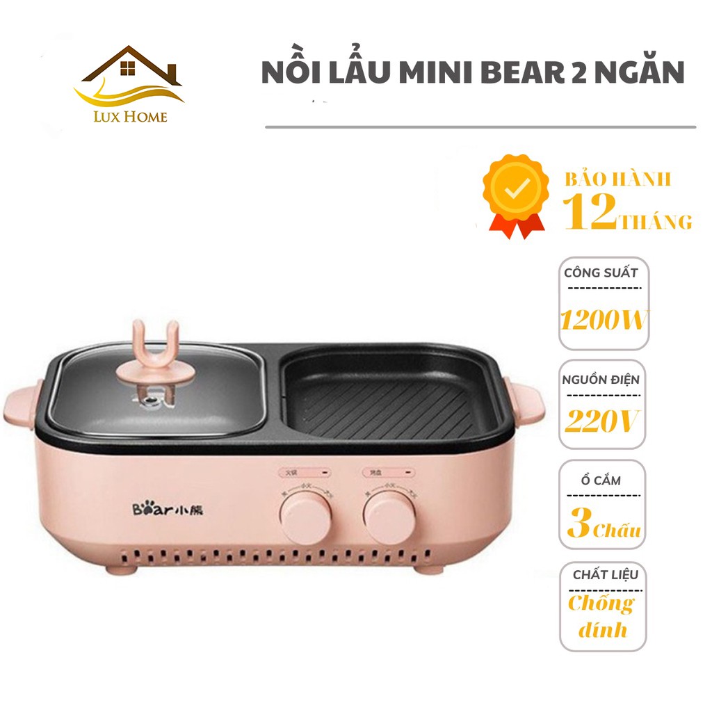 Bếp lẩu nướng mini 2in1 đa năng chính hãng BEAR DKL-C12D1, nồi lẩu nướng chất lượng cao - Bảo hành 12 tháng