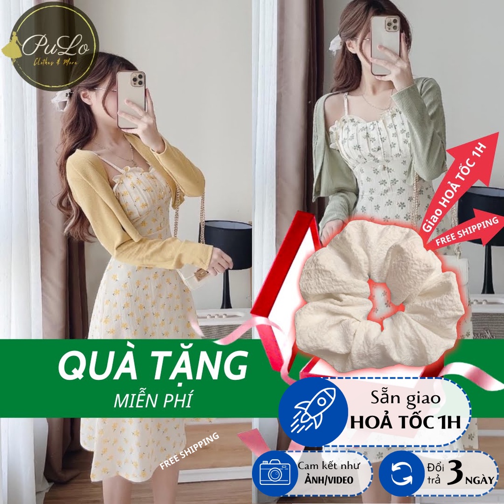 Set đầm 2 dây váy hoa nhí xếp ly ngực áo khoác croptop tôn dáng D502