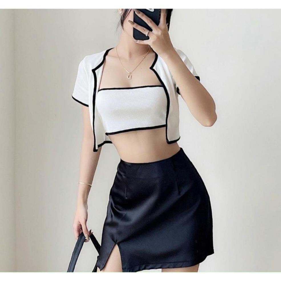[[MM] Set áo ống kèm áo khoát viền ĐEN TRẮNG, set áo croptop kèm áo khác thun co giãn | BigBuy360 - bigbuy360.vn