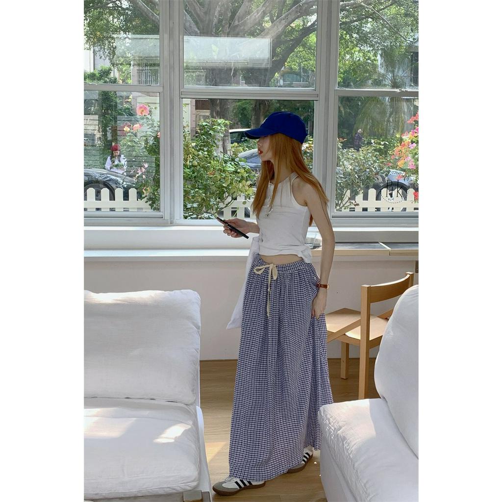 Chân Váy Chữ A Lưng Cao Họa Tiết Sọc Caro Phong Cách Hàn Quốc Thời Trang Cho Nữ