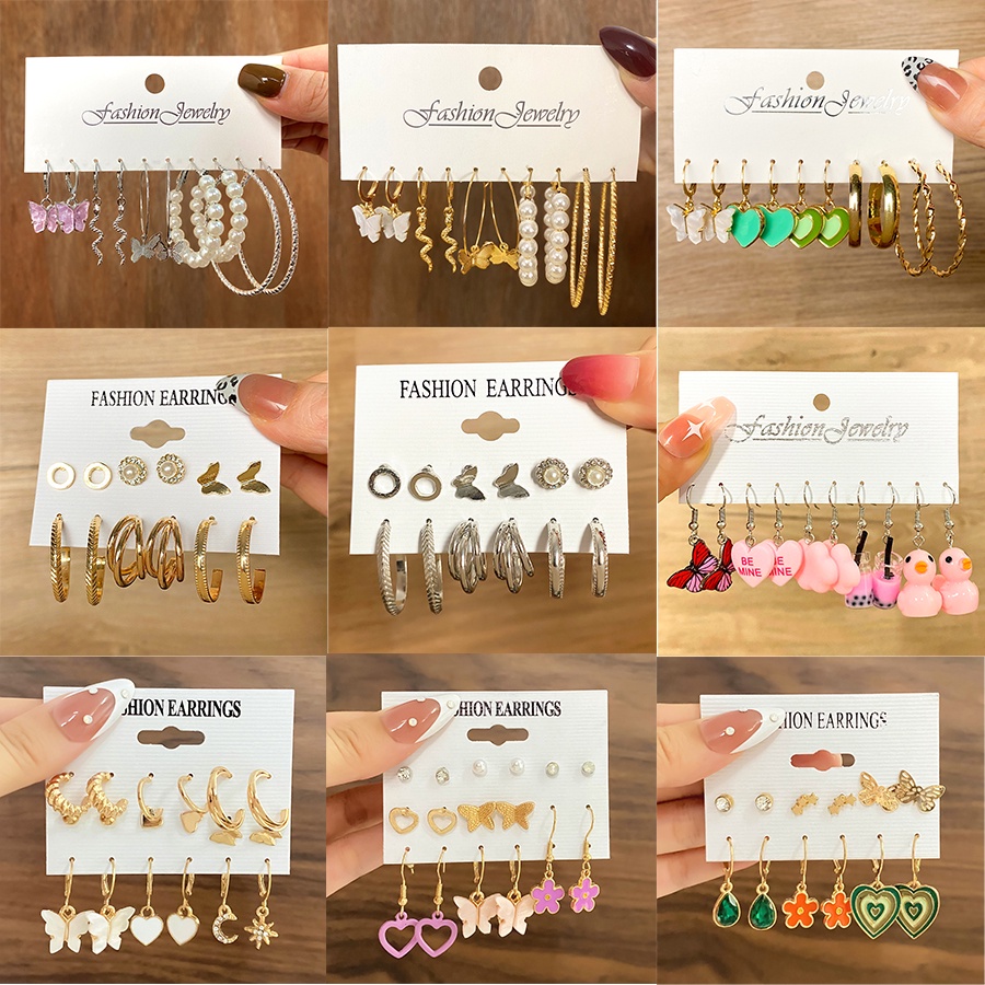 Set 9 Đôi Bông Tai Mạ Vàng Hình Bướm Đính Ngọc Trai Giả Phong Cách Retro