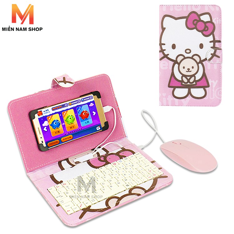 Combo bao da bàn phím + Chuột + lót chuột hình HELLOKITTY ÔM GẤU cho điện thoại, máy tính bảng từ 4 đến 7 inch