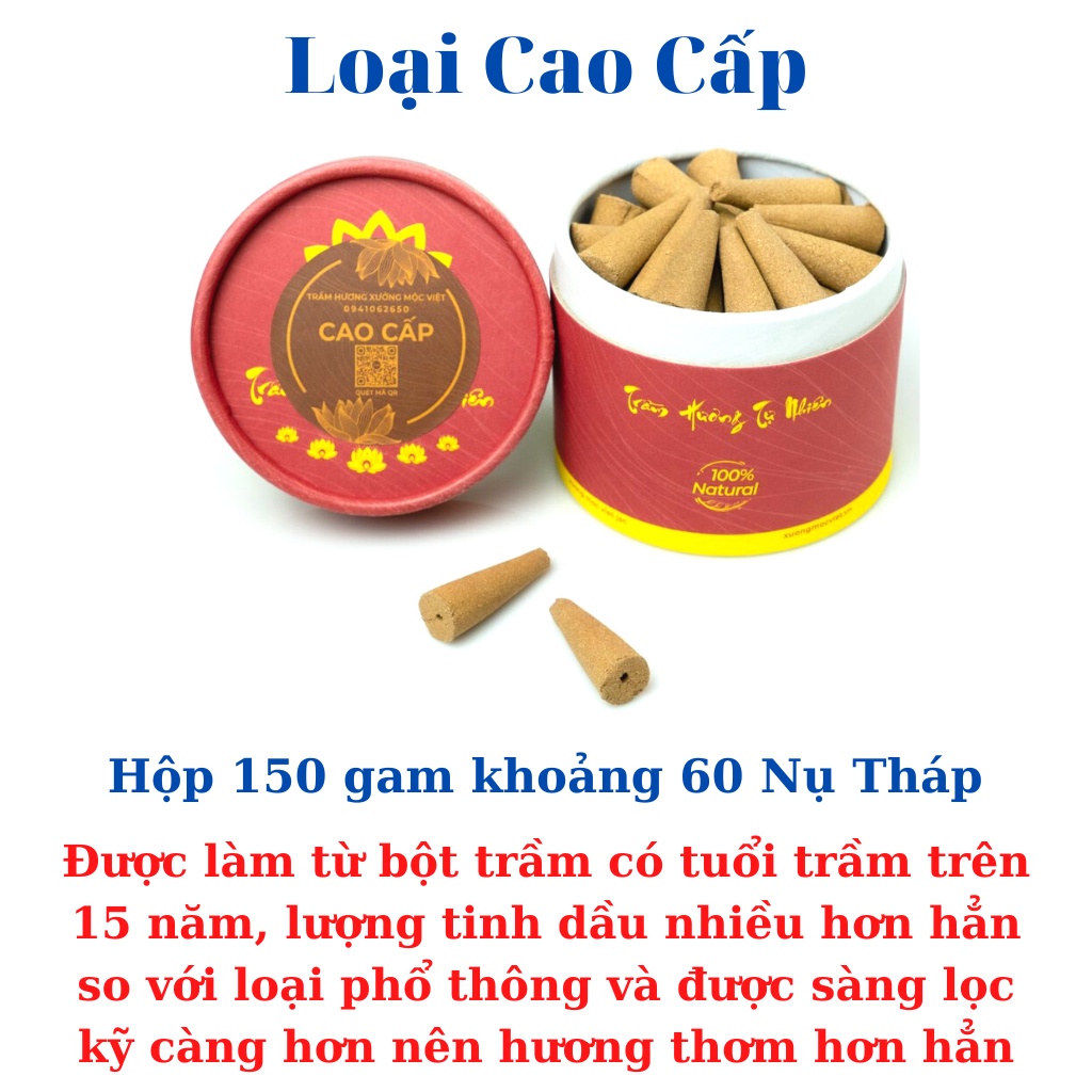 Nhang Nụ Trầm Hương Khói Ngược Sạch Nguyên Chất Tự Nhiên Không Hoá Chất Xưởng Mộc Việt - Hộp 150G ( Tầm 60 Nụ Tháp )