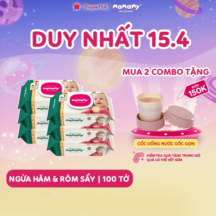 Khăn ướt / giấy ướt cho bé kháng khuẩn cho da Mamamy Combo 6 gói có nắp 100 tờ