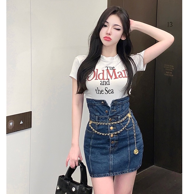 Set Áo Thun Ngắn Tay Cổ Tròn In Chữ + Chân Váy Denim Lưng Cao Ôm Dáng Thời Trang Cho Nữ