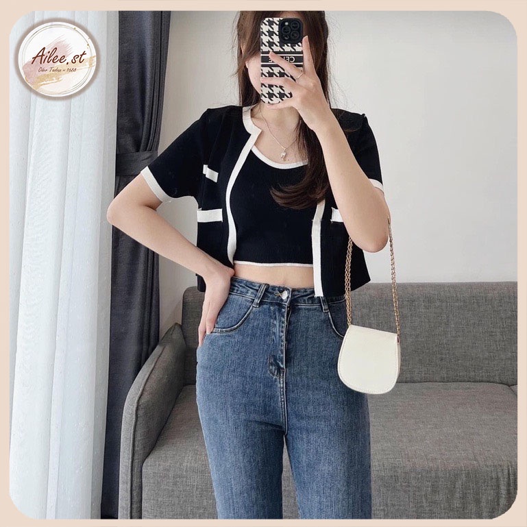 Set Bộ Len Mongtoghi 2 Món Áo Ba Lỗ Và Áo Khoác Viền Cộc Tay Cổ Tròn Có Túi Phong Cách Hàn Quốc Ailee AO NU 006