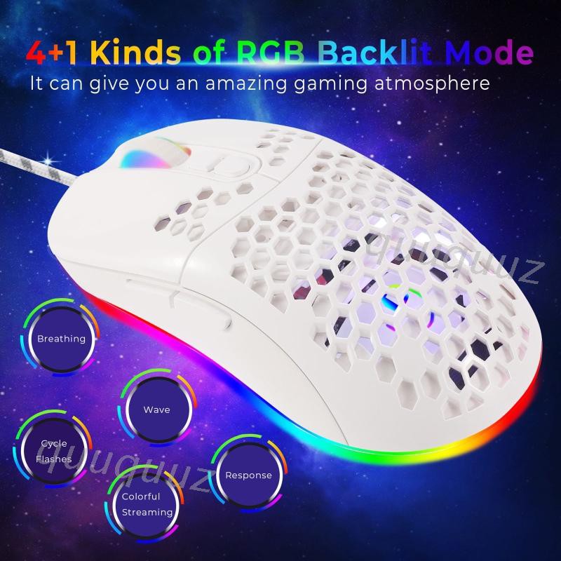 Chuột quang chơi game có dây 7200DPI USB vỏ hình tổ ong kèm đèn nền led RGB