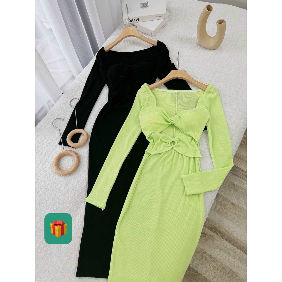 Đầm tay dài cổ vuông xoắn ngực khoen eo dáng dài ôm body cực xinh , chất thun gân dày dặn