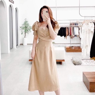 Đầm cổ vuông maxi nơ vai 4 màu