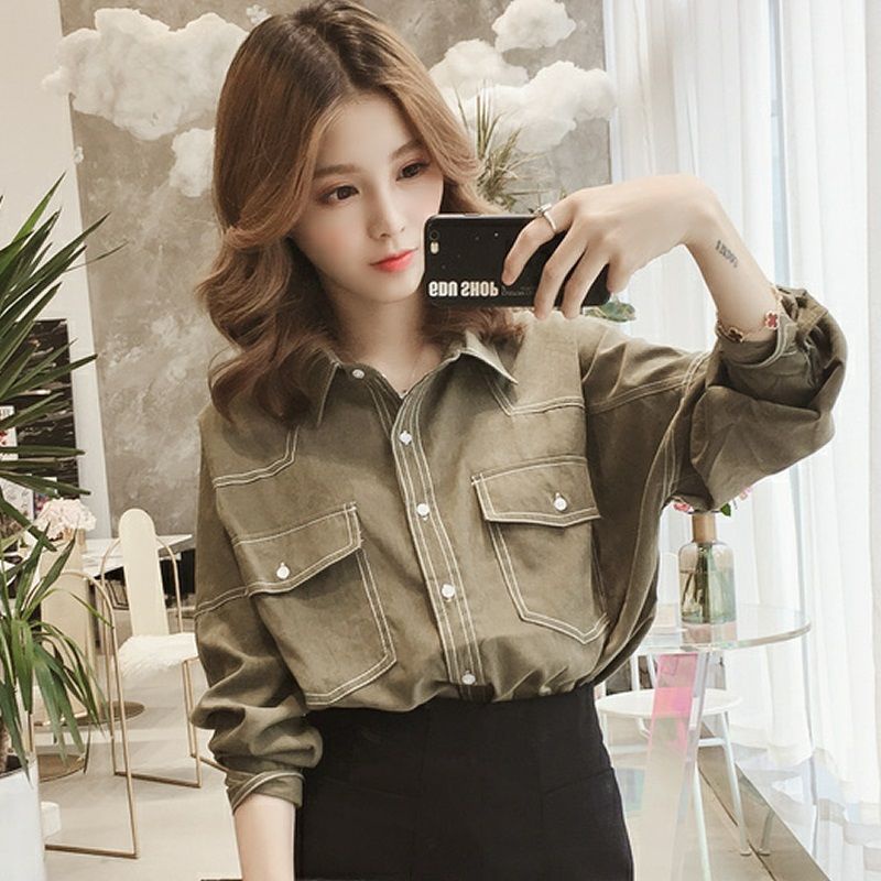 2022 Spring and Autumn dress New Han Fan Polo collar single-breasted long-sleeved shirt loose casual shirt jacket shirt woman
