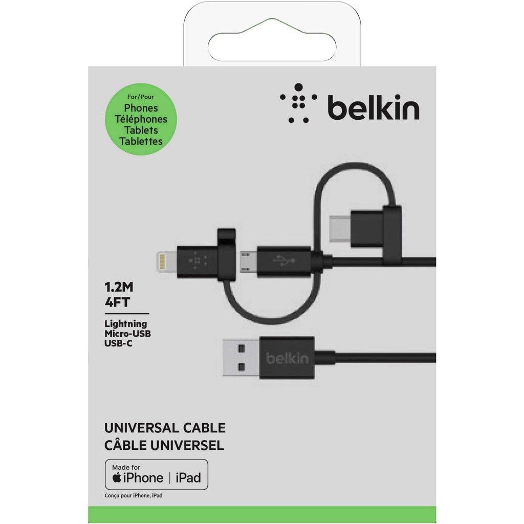 Cáp Sạc 3 Trong 1 Micro USB + Type C + Lightning Belkin F8J050bt04-BLK Chuẩn MFi