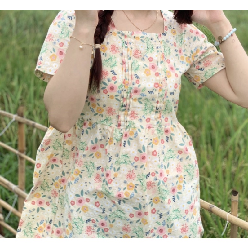 Đầm - Váy babydoll hoa nhí cổ vuông xếp ly ngực ulzzang