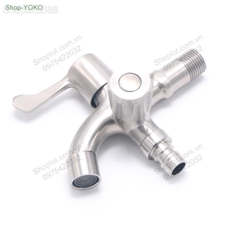 Vòi nước lạnh đôi gắn tường bằng inox 304 - có đầu cho cấp nước máy giặt (1 vào 2 đầu ra độc lập)
