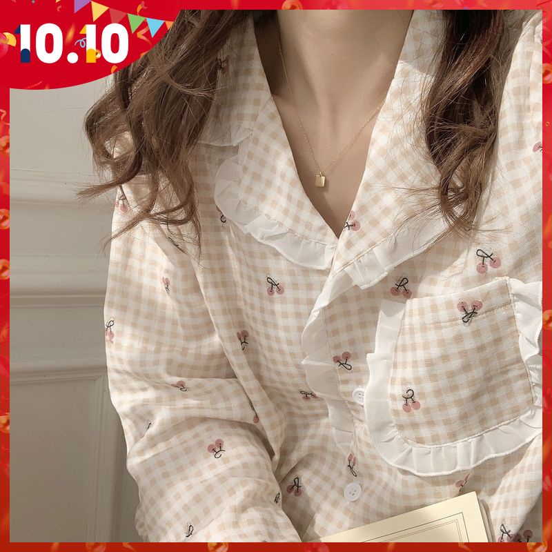 Bộ đồ ngủ hai mảnh có áo cardigan tay dài phối ren họa tiết kẻ sọc in hình trái cherry Hàn Quốc xuân thu cho nữ