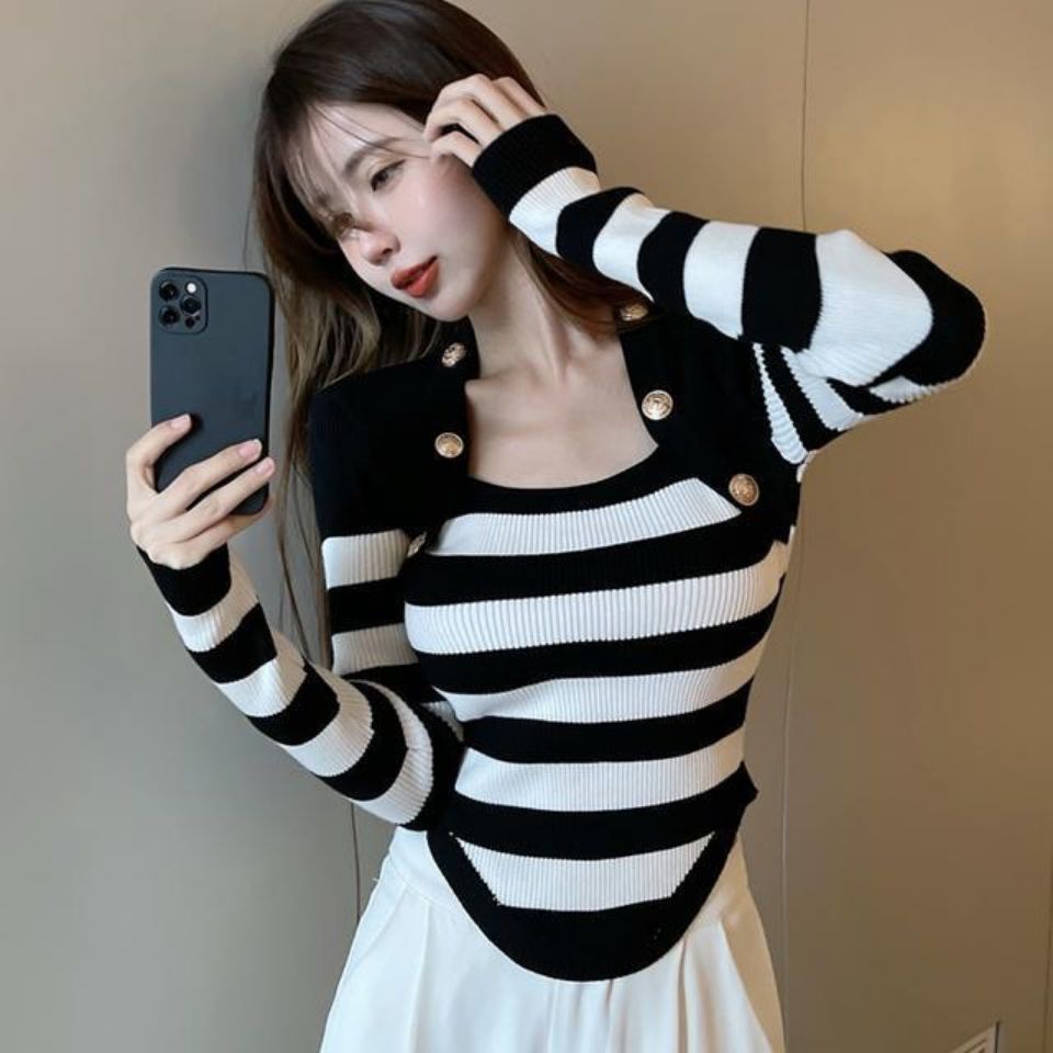 COZOK Áo sweater Tay Dài Dáng Ôm Kẻ Sọc Thời Trang Dễ Phối Đồ