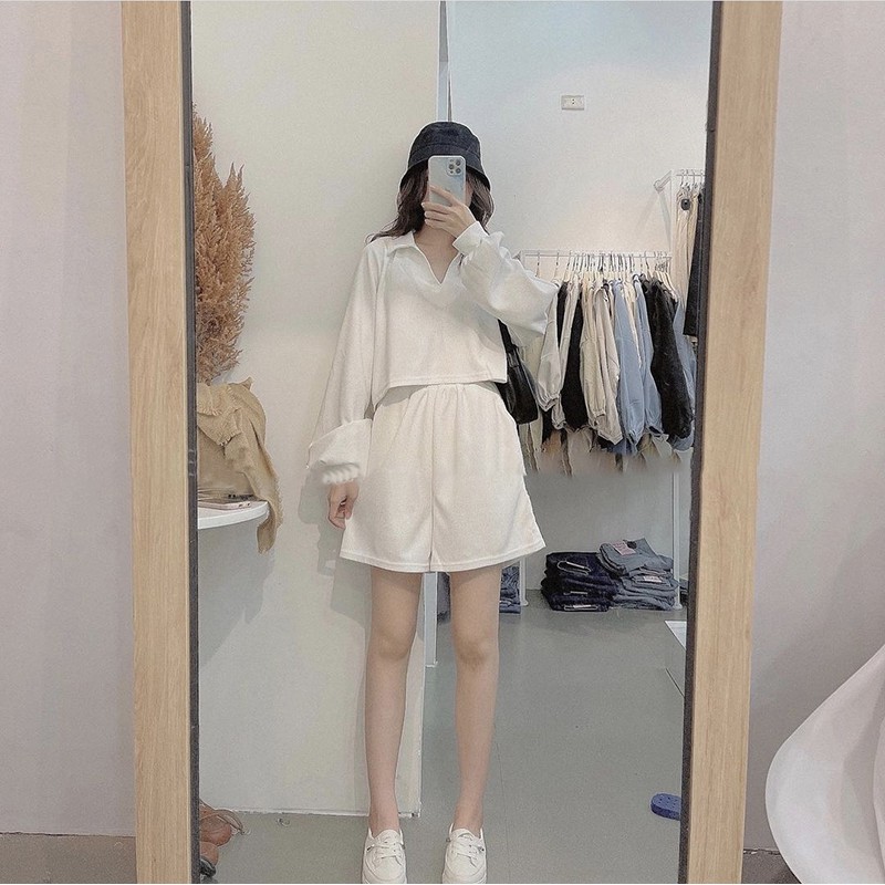 Set áo Croptop tay dài có cổ thu đông MIX Sooc ống rộng siêu xinh - chất vải Cotton