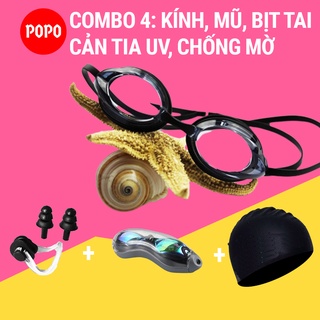 Kính bơi người lớn, kính bơi tráng gương cho thi đấu chuyên nghiệp POPO kèm mũ bơi, bịt tai cho nam nữ, trẻ em, cho bé