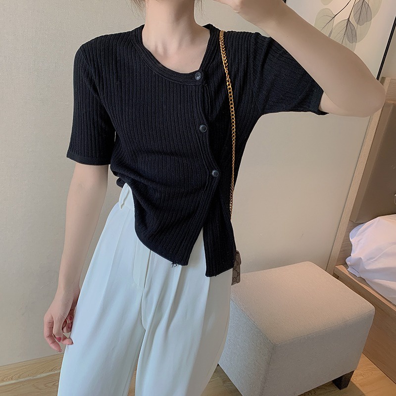 【ZHELIHANGFEI】 Áo Cardigan Dệt Kim Lụa Lạnh Tay Ngắn Cổ Chữ V Phối Nút Bên Hông