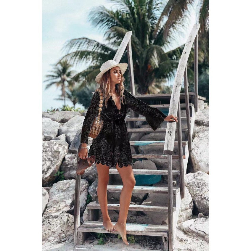 Áo Khoác Ngoài Đồ Bơi Đi Biển Phối Ren Màu Trắng Quyến Rũ Thời Trang Cho Nữ