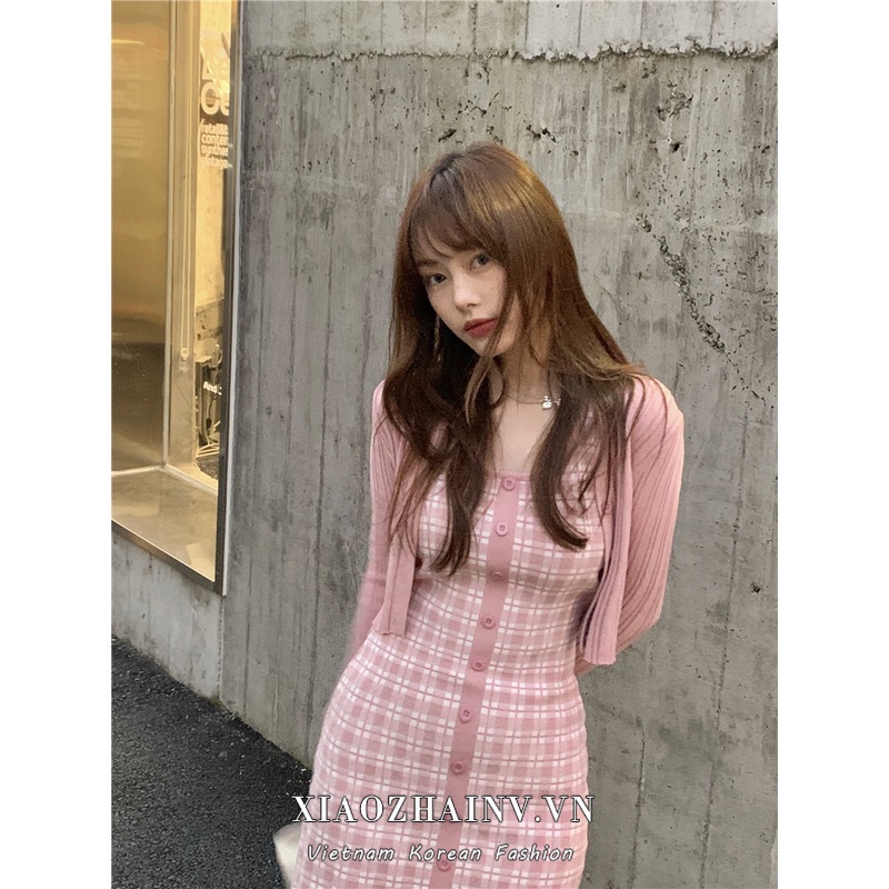 DUNEA Bộ Đầm Dệt Kim Kẻ Sọc + Áo Khoác Cardigan Chống Nắng Thời Trang Cho Nữ