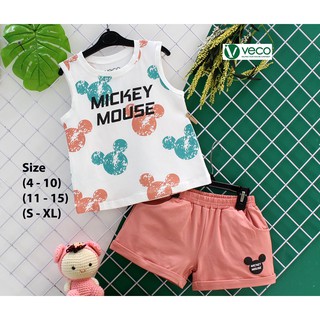 Đồ bộ quần bé gái Veco tay ngắn mẫu sọt in hình Mickey Mouse 10-30kg vải 100% cotton co giãn 4 chiều
