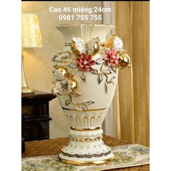 Lọ Hoa Gốm Sứ cao cấp_Bình Bông Hoa Nổi mạ Vàng 3D_Trang trí decor
