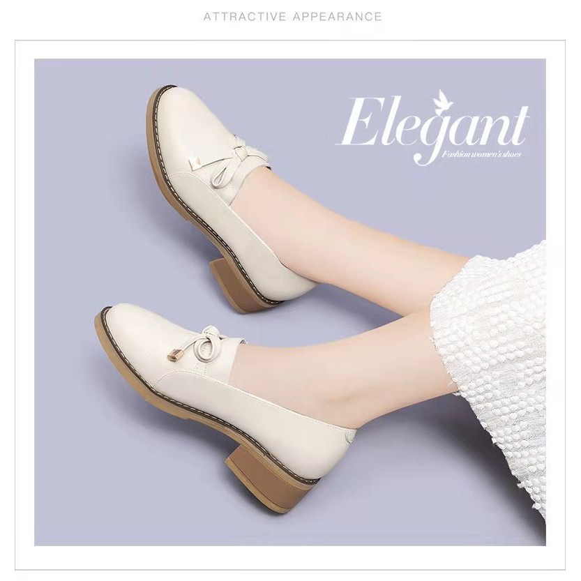 Giày Da Nữ Giày Búp Bê Đính Nơ 4 Phân Phong Cách Nhật Bản