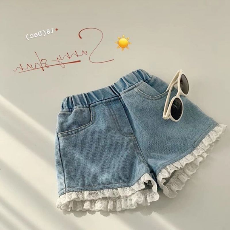 Quần short denim phối ren mềm mại độc đáo phong cách Hàn Quốc thời trang mùa hè cho bé gái