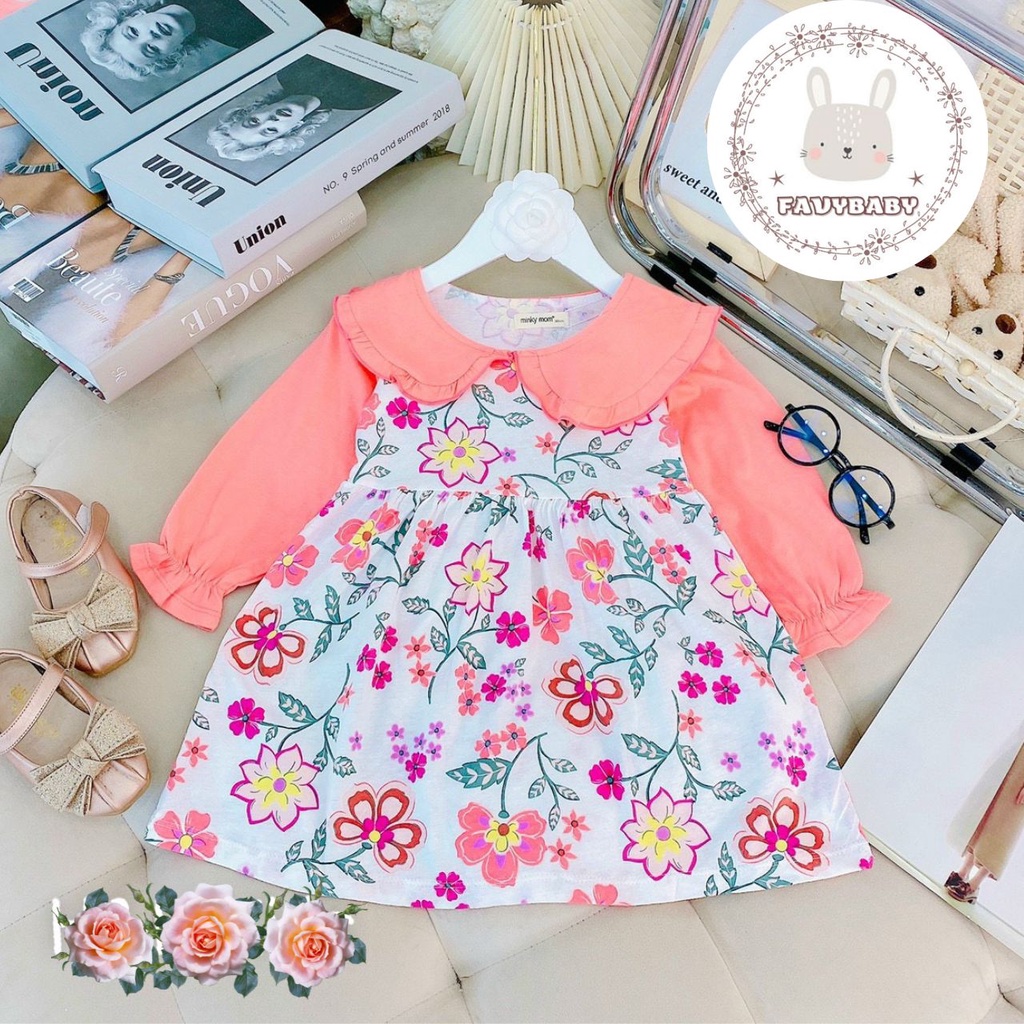 Váy Đầm Bé Gái MINKY MOM Chính Hãng COTTON Tay Dài Phối Cổ Lá Sen Đáng Yêu Hoa Văn Cute Bé 0 1 2 3 4 5 Tuổi - Favybaby