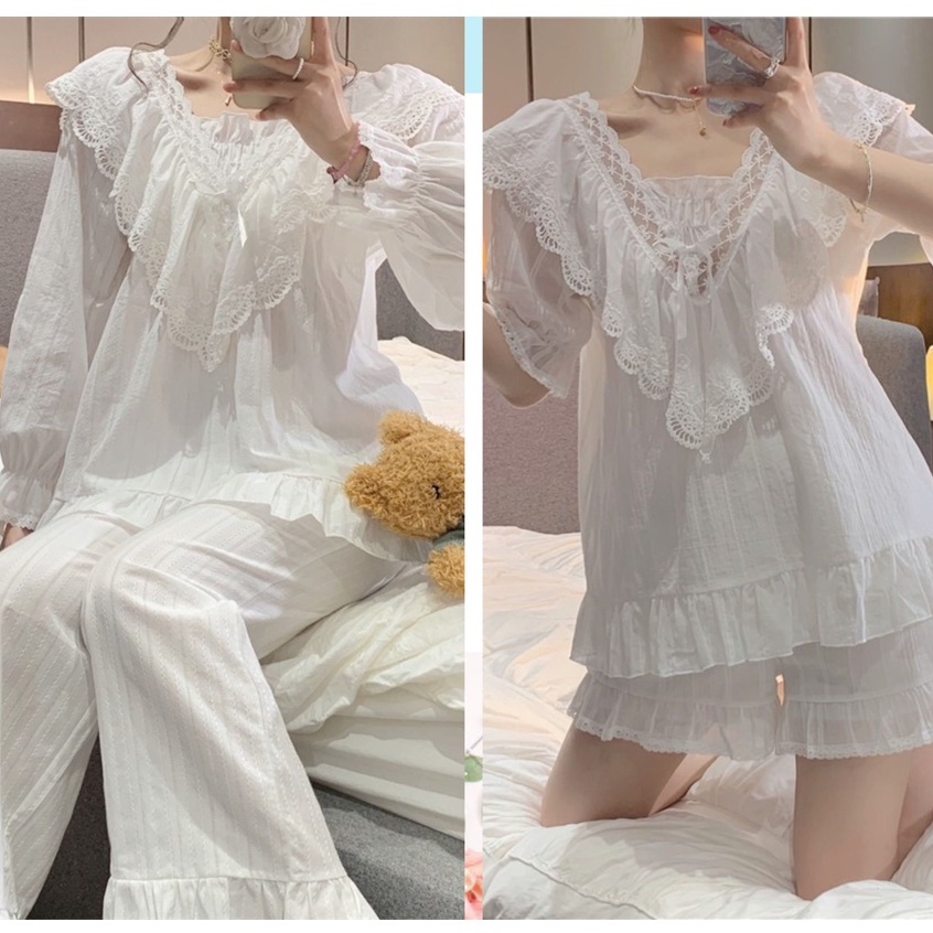 (SẴN) Set bộ nữ trắng mặc nhà ngắn tay bo phối ren quảng châu