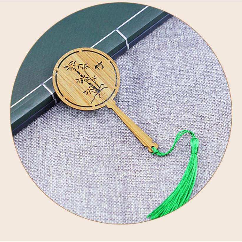 Bookmark Quạt tròn gỗ cổ phong kèm tua rua cổ trang