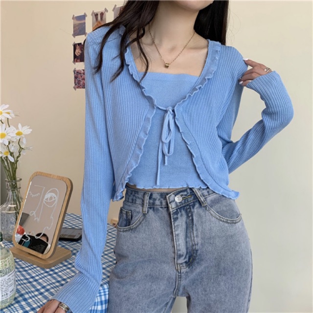 [CÓ SẴN+ẢNH THẬT] Áo croptop nữ len gân thắt nơ tay dài 2021 | BigBuy360 - bigbuy360.vn