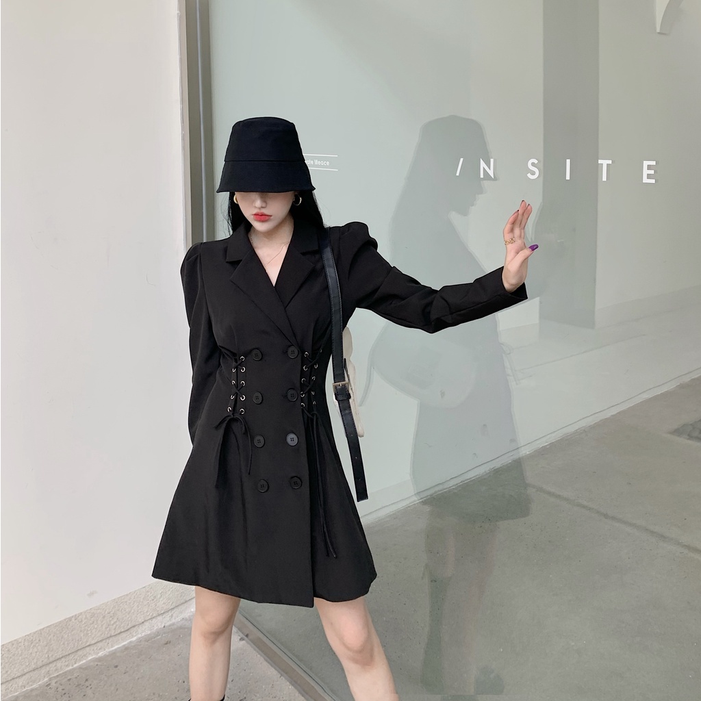 Đầm vest nữ blazer dây rút ngay eo dài tay dự tiệc Emilyshop ulzzang