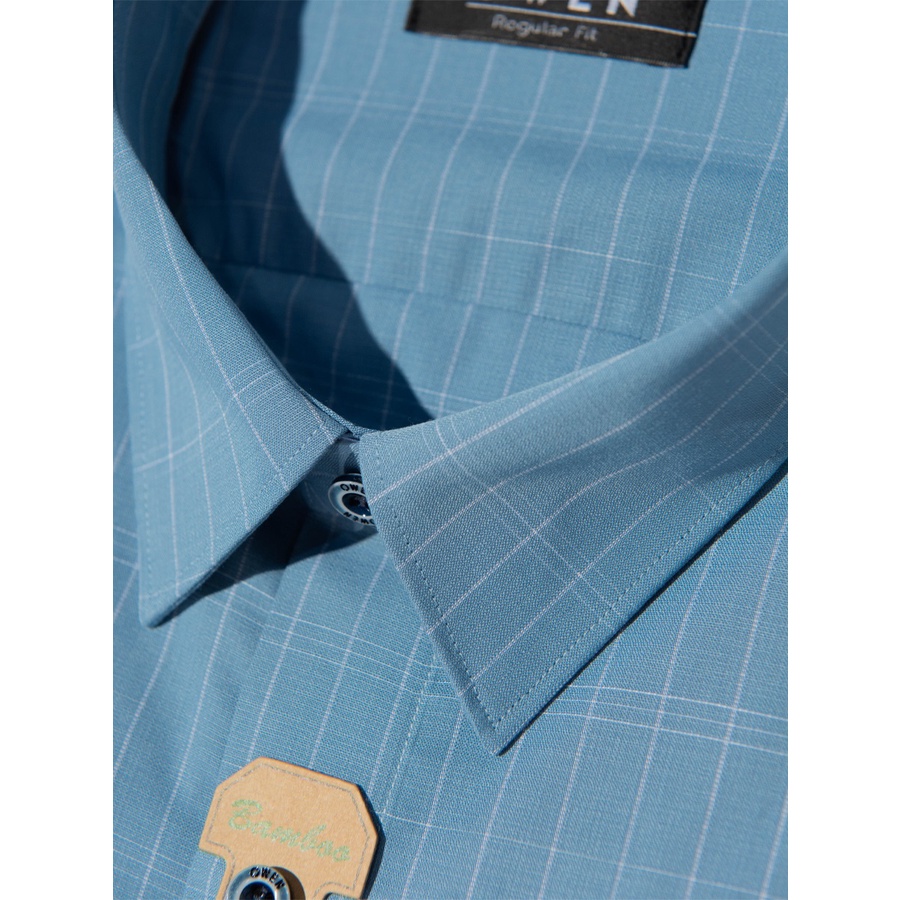 Áo Sơ Mi Nam Dài Tay OWEN AR220915DT Somi Công Sở Vải Sợi Tre Cao Cấp Màu Kẻ Caro Xanh Trắng Dáng Suông Tà Lượn Có Túi