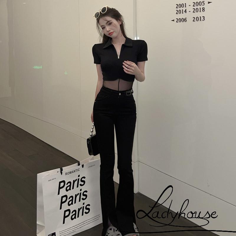 LDD-Women Attractive Sheer Bodysuit, Black Solid Color Quarter Zip Turn-down Neckline Romper