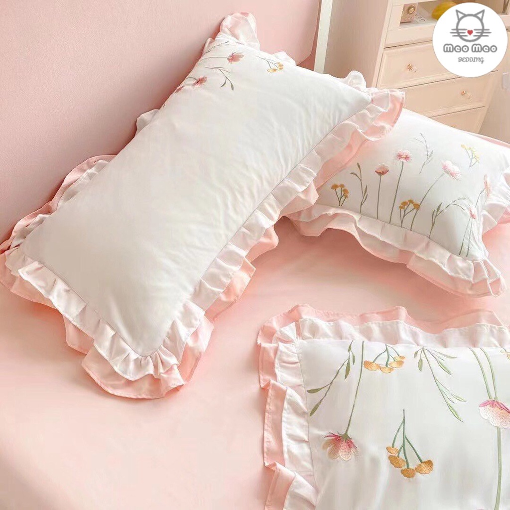 Bộ Chăn Ga Gối Cotton Đũi Viền Phối Bèo, Ren Họa Tiết Thêu Cao Cấp - Sét 4 Món
