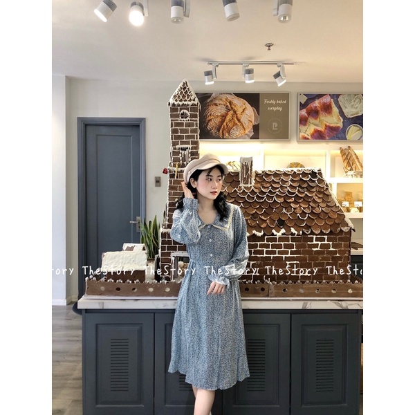 Đầm hoa nhí cổ bèo bạ ren, hàng nút trước ngực  D903