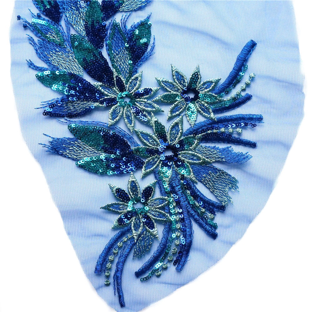 Vải Ren Thêu Hoa Đính Kim Sa Màu Xanh Dương Dùng May Cổ Áo Váy Cưới diy