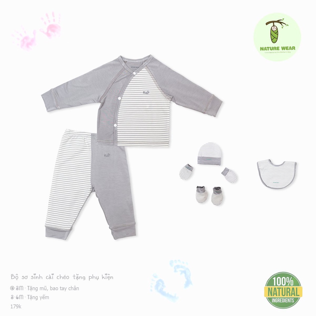 Nature Wear  - Bộ sơ sinh cài chéo kẻ sọc tặng mũ , bao tây chân hoặc yếm