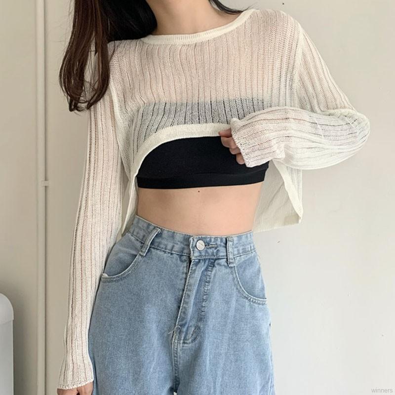 Áo thun tay dài dáng rộng thiết kế xuyên thấu mỏng chống nắng cho nữ