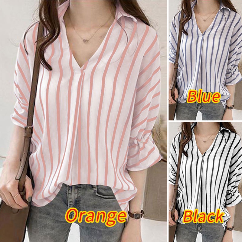 Áo sơ mi Zanzea cổ chữ V tay dài họa tiết kẻ sọc thời trang dành cho nữ