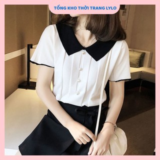 Áo len nữ cổ sơ mi 2 màu đen trắng thời trang
