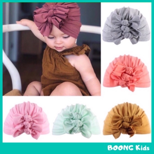 Mũ turban cotton chùm đầu 3 nơ duyên dáng cho bé yêu