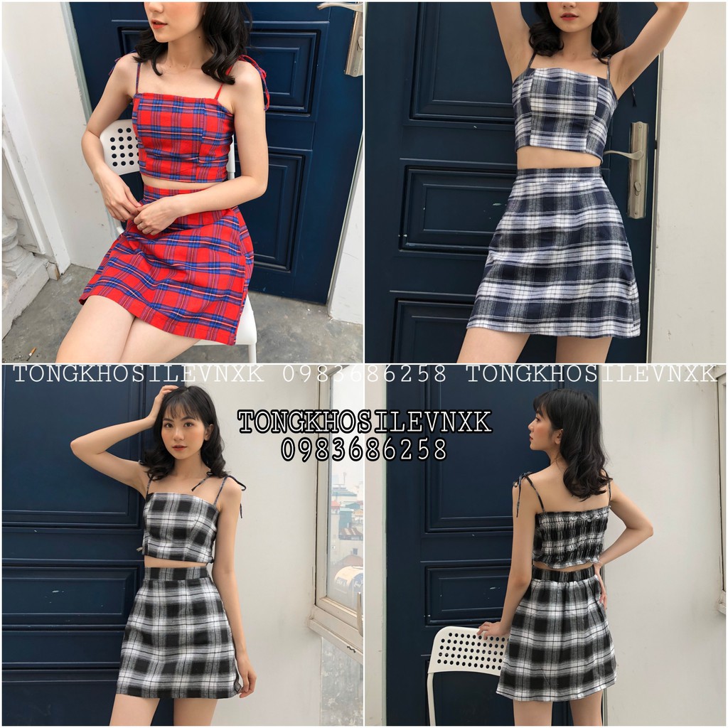 (có đệm ngực) SET ÁO CROPTOP 2 DÂY CARO THẮT NƠ MIX CHÂN VÁY KẺ CHỮ A ULZZANG -(Sắn)