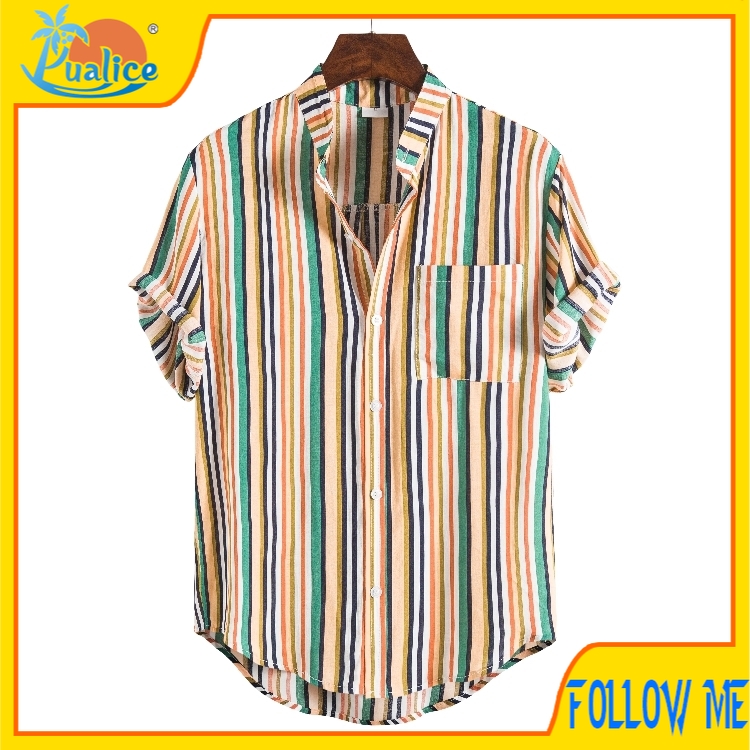 Men Shirt Short Sleeve Striped Button Up Shirt Summer Casual Blouse Tee Tops